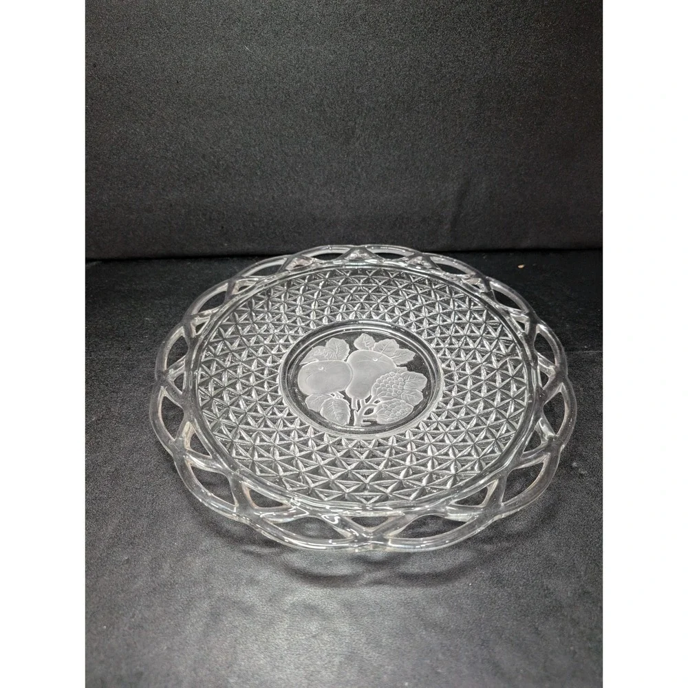 Imperial Glass Laced Rim‎ Frosted Intaglio Rose Diamond Platter, Serving Tray